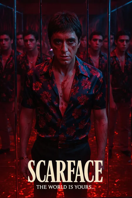 cinematic poster, Tony Montana standing amid mirrored walls inside the VIP chamber of a demonic club, floral shirt perfectly fitted and open, body refracted infinitely in mirrors, floor drenched in glowing red light like blood pool, closeup shot with dozens of reflected faces in frame, slightly high angle, mood of egotism dissolving into horror, hyper-synthetic lighting in deep magentas and cold cyan, color theme of velvet crimson, mirror silver, and nightclub blue, style reference The Neon Demon, "SCARFACE", “THE WORLD IS YOURS…”
