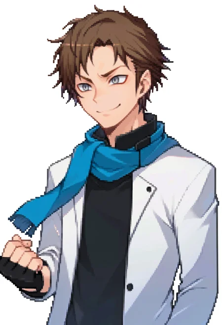 score_9, score_7_up, source_anime, (solo:1.3), BREAK <lora:zs_DevilSurvivorPortraitsXL:1> devilsurvivorportraits, portraits, white background, 1boy, grey eyes, brown hair, very short hair, teal scarf, black shirt, white jacket, open jacket, single fingerless glove, jeans, light smile, male focus,