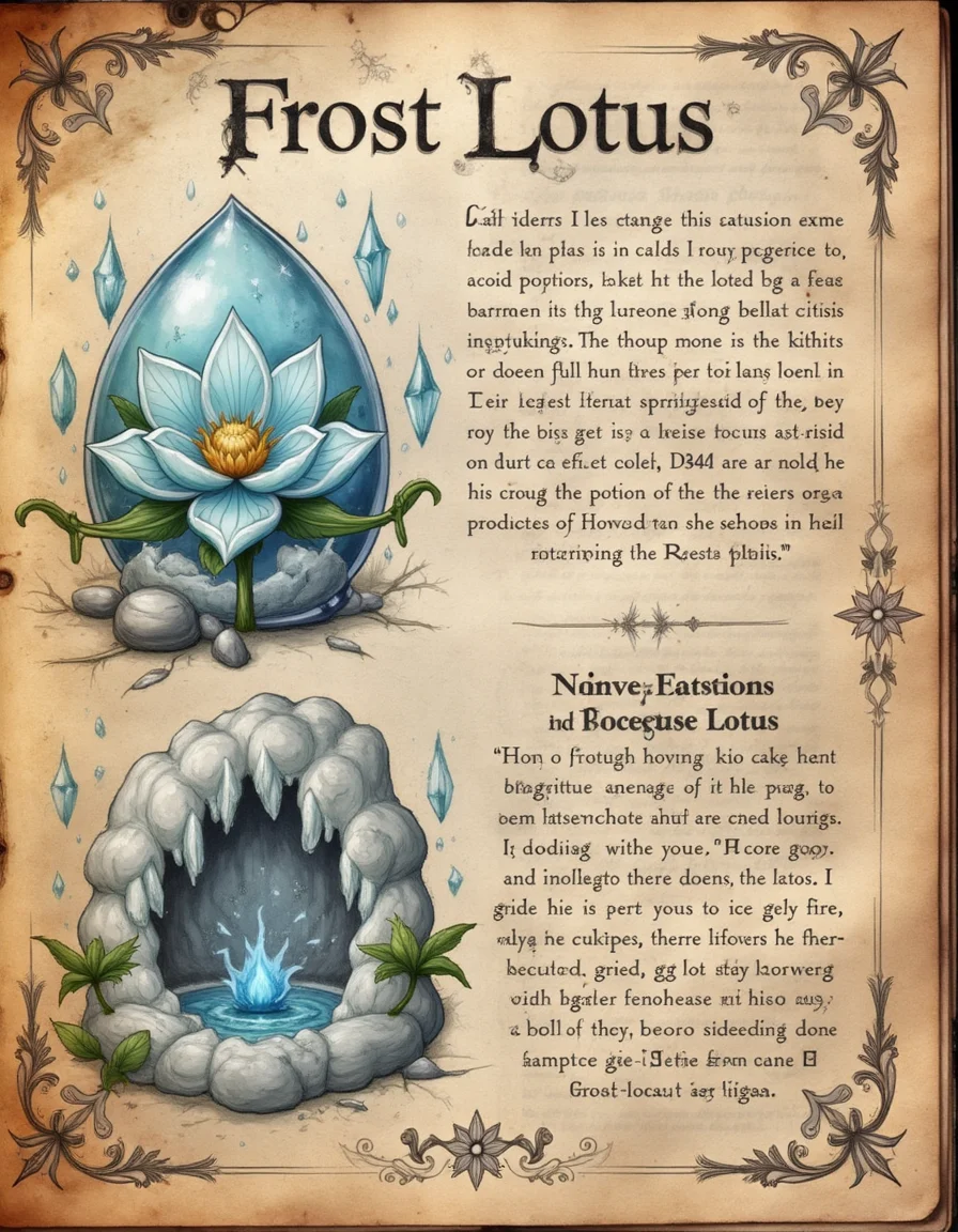spllbkpg, This page is dedicated to the properties of Frost Lotus, an ingredient prized for its cooling effects. The central image shows the flower encased in ice, its petals shimmering in pale blue. To the left, a sketch reveals its growth in icy caverns, surrounded by crystalline formations. On the right, notes describe the best conditions for harvesting, with emphasis on avoiding sunlight. Below, there are steps for grinding and incorporating it into freezing potions. The borders are designed with snowflake patterns and icy swirls., <lora:codex_arcanum_v20-360:1>, spllbkpg