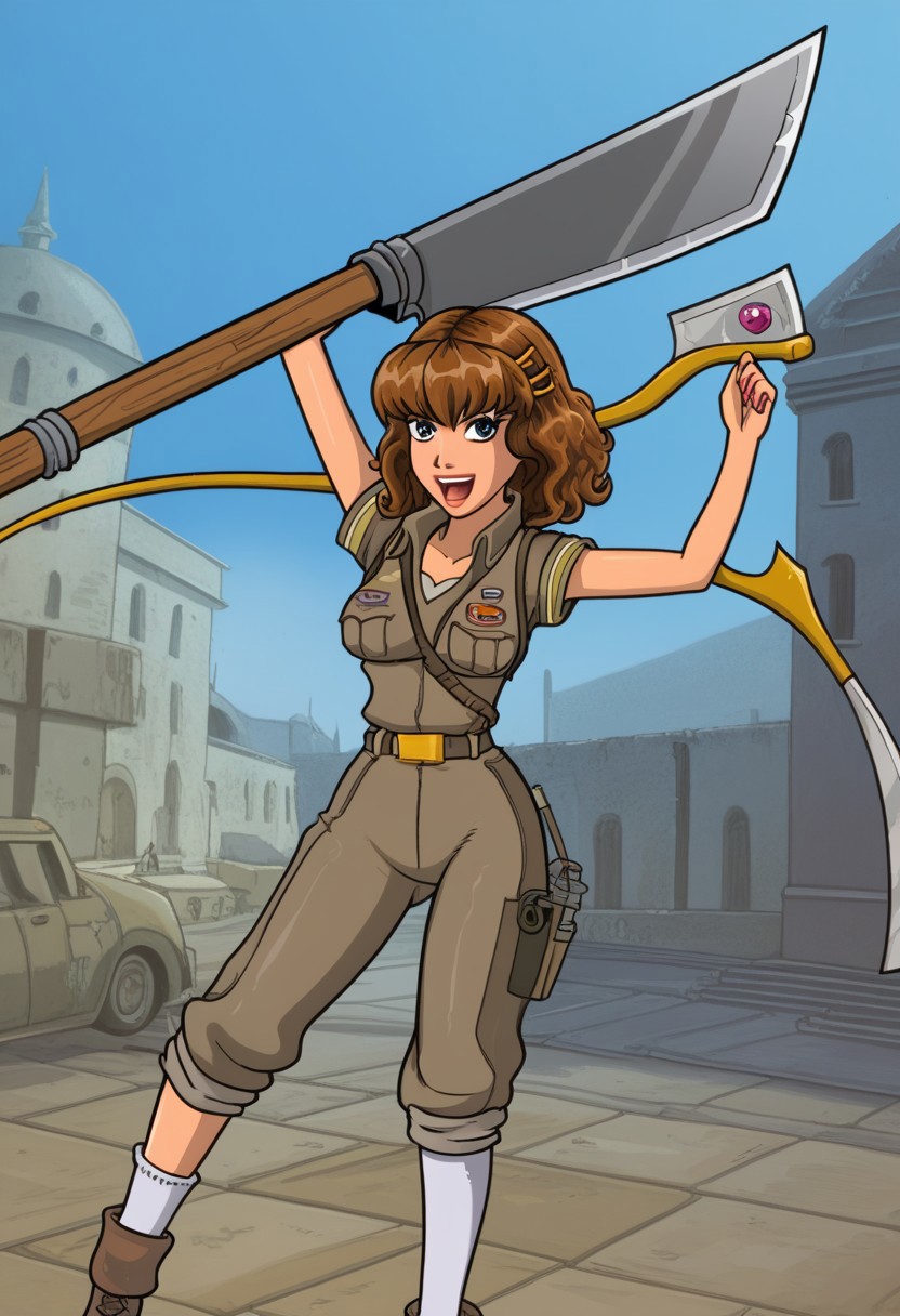 happy girl, random_combat_action_pose, scythe (4K4BUR5TYL3)
