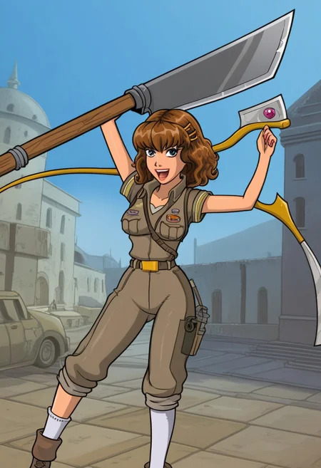 happy girl, random_combat_action_pose, scythe (4K4BUR5TYL3)