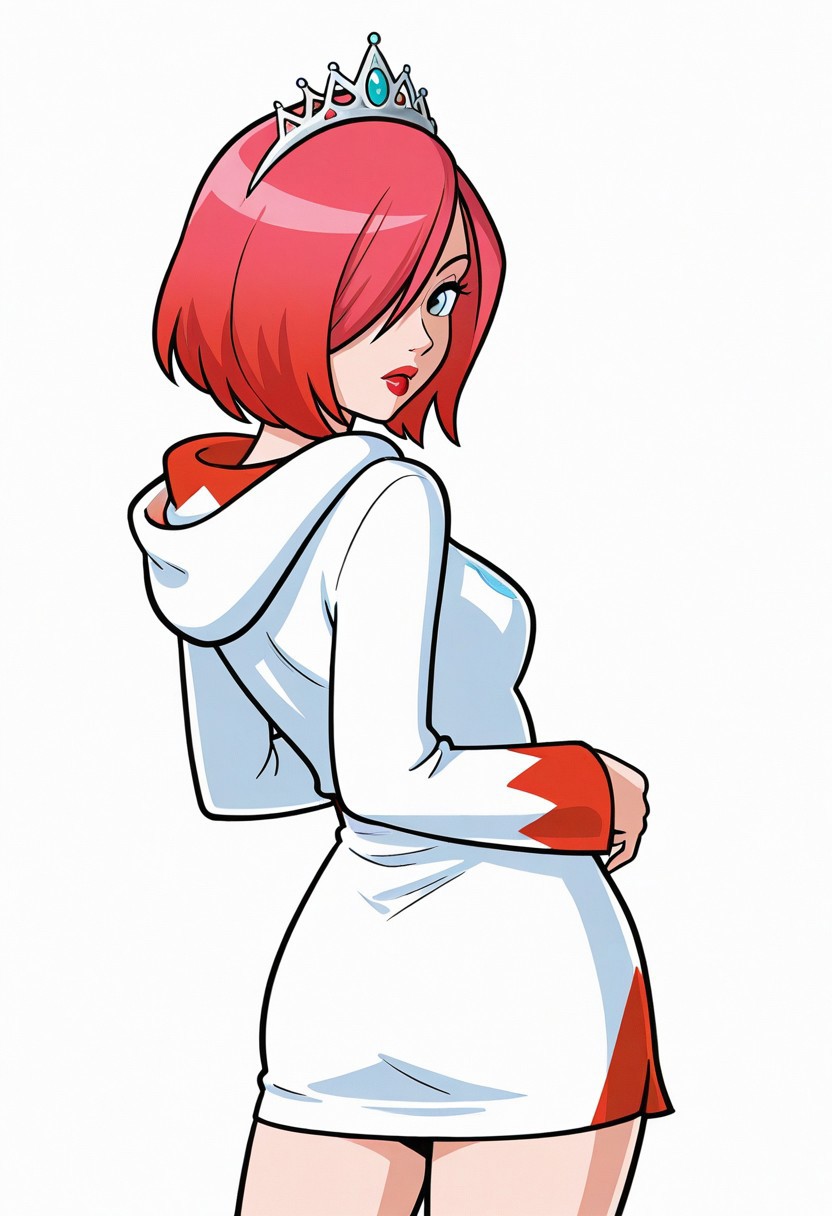1girl, solo, 
looking back, 
cowboy shot, 
white mage, 
hair over one eye, lipstick, 
hood, miniskirt, tiara, 
looking at viewer, 
simple background, white background