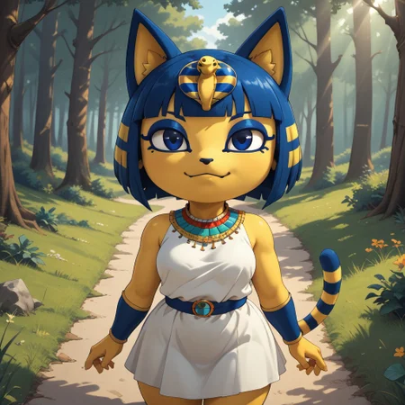 score_9, score_8, BREAK, solo, Ankha_The_Cat_(Animal Crossing), black_eyes, blue_hair, short_hair, yellow_skin, cat_girl, large_breasts, shortstack, shiny_skin, short_dress, white_dress, sleeveless, jewelry, self portrait, smile, looking at viewer, outdoors, sunlight, shadows, evening lighting, natural lighting, forest, trees, grass, orange sky, sunset