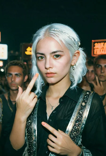 polaroid film photography, Describe the captivating Closeup scene captured in the photograph featuring a female Sci-fi Bedouin freckled time traveler with neon white hair in the style of Final Fantasy, showing the middle finger, amidst a mesmerized audience. Provide details about the artist's attire, sci-fi clothes intricate design, and the expressions of the onlookers as they witness this extraordinary performance. Atmospheric haze