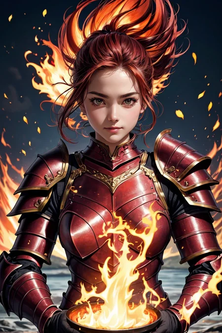 fire elemental mage, near a fantasy highly realistic extremely detailed lake, action shot, 3mm photo, beautiful, sexy fit 20yo, ((masterpiece)), ((best quality)), perfect face, fantasy ((dark red fiery armour:1.6)) shiny skin, soft lighting, OverallDetail, SkinHairDetail, epiCPhoto <lora:breastsizeslideroffset:0.075>, looking at viewer, sharp focus, high texture resolution, photorealistic, 16k, upper body view, <lora:add_detail:0.4> <lora:pytorch_lora_weights(1):0.5>, hyperrealistic, vivid colors, intricated details, warm smile, highly detailed hands and fingers, holding a (fiery wand:1.3) standing in a circle of flames