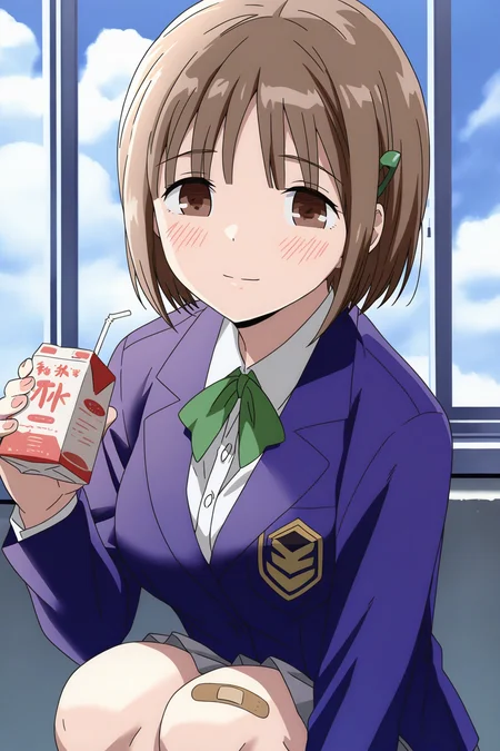 masterpiece, best quality,  absurdres, highres, cinematic light, 1girl,  <lora:chise:1> chise_wz, short hair, brown hair, hair ornament, brown eyes, medium breasts, neck ribbon, green ribbon, blue blazer, collared shirt, grey skirt, pleated skirt, school uniform, squatting, safe, looking at viewer, light blush, bandaid on leg, holding juice box, solo focus, light smile, blue sky, school, cloud