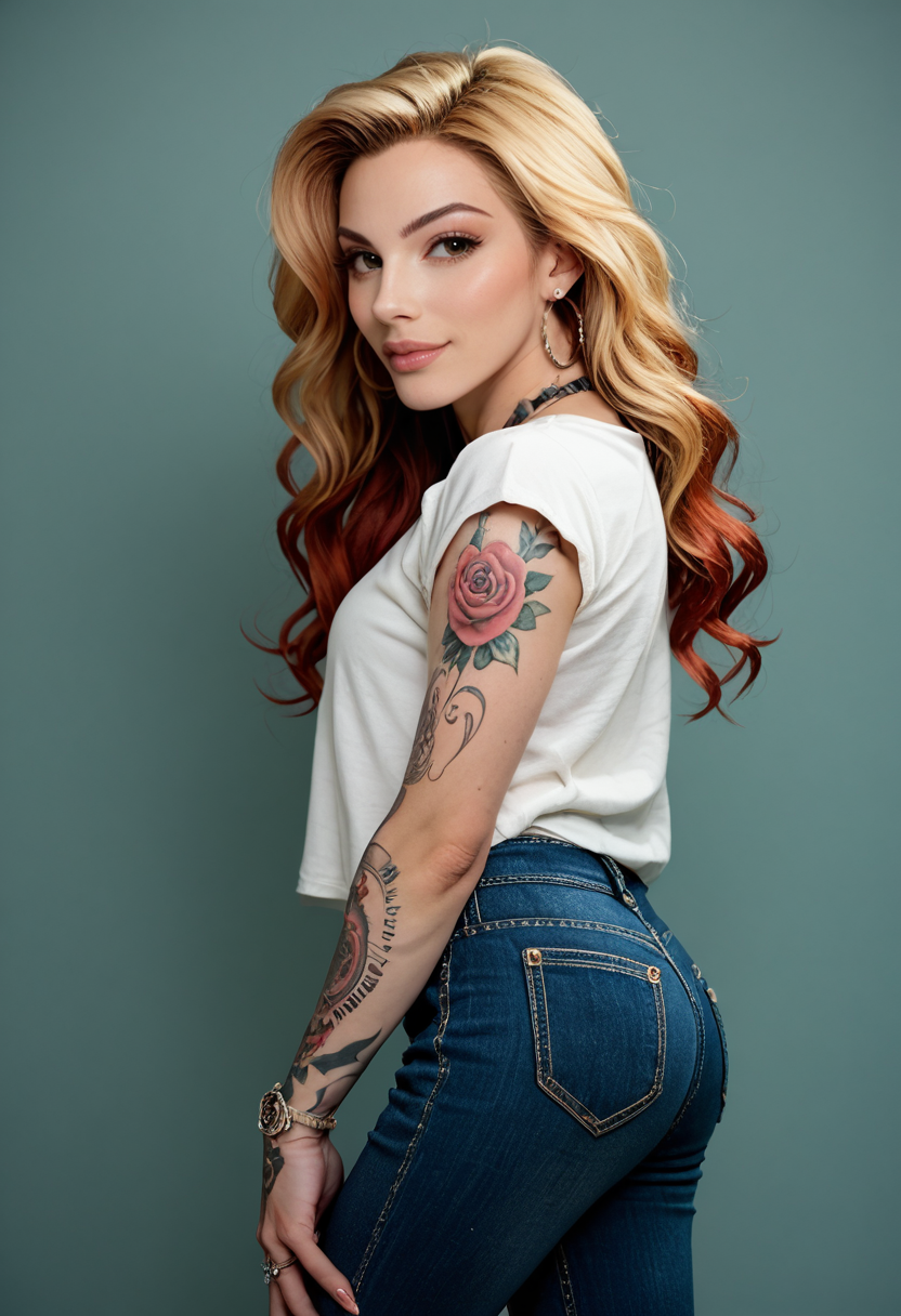 score_9, score_8_up, score_7_up, ArielD3mure, Ariel Demure,  <lora:ArielD3mure_r2-pony:1>, 1girl, (looking at viewer), head turned, tattoos, solo, shirt, profile, denim, denim pants, jewelry, blonde hair, jeans, earrings