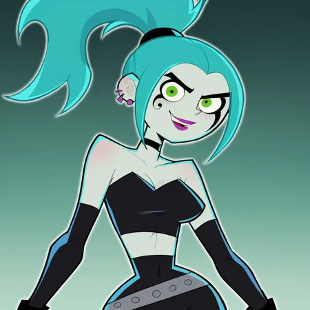 score_9, score_8_up, score_7_up, 1girl, Ember, aqua hair, long hair, ponytail, green eyes, colored skin, white skin, makeup, eyeliner, lipstick, earrings, choker, medium breasts, narrow waist, wide hips, looking at viewer, highres, high quality, masterpiece, <lora:Ember_McLain:1> <lora:Expressive_H:0.5> Expressiveh