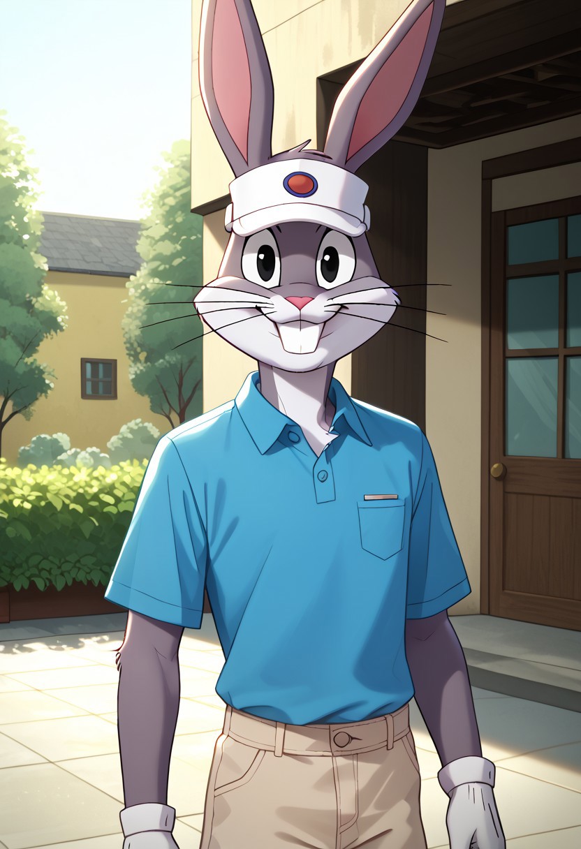 score_9_up, score_8_up, score_7_up, masterpiece, best quality, amazing quality, very aesthetic, absurdres, newest,  high quality, detailed, male, solo male, BugsBunny, 1boy, mature male, male, athletic build, rabbit, black eyes, grey fur, light underbelly, whiskers, blue polo shirt, tan shorts, white visor, outdoors, country club, looking at viewer, smiling, volumetric lighting, day time, half body