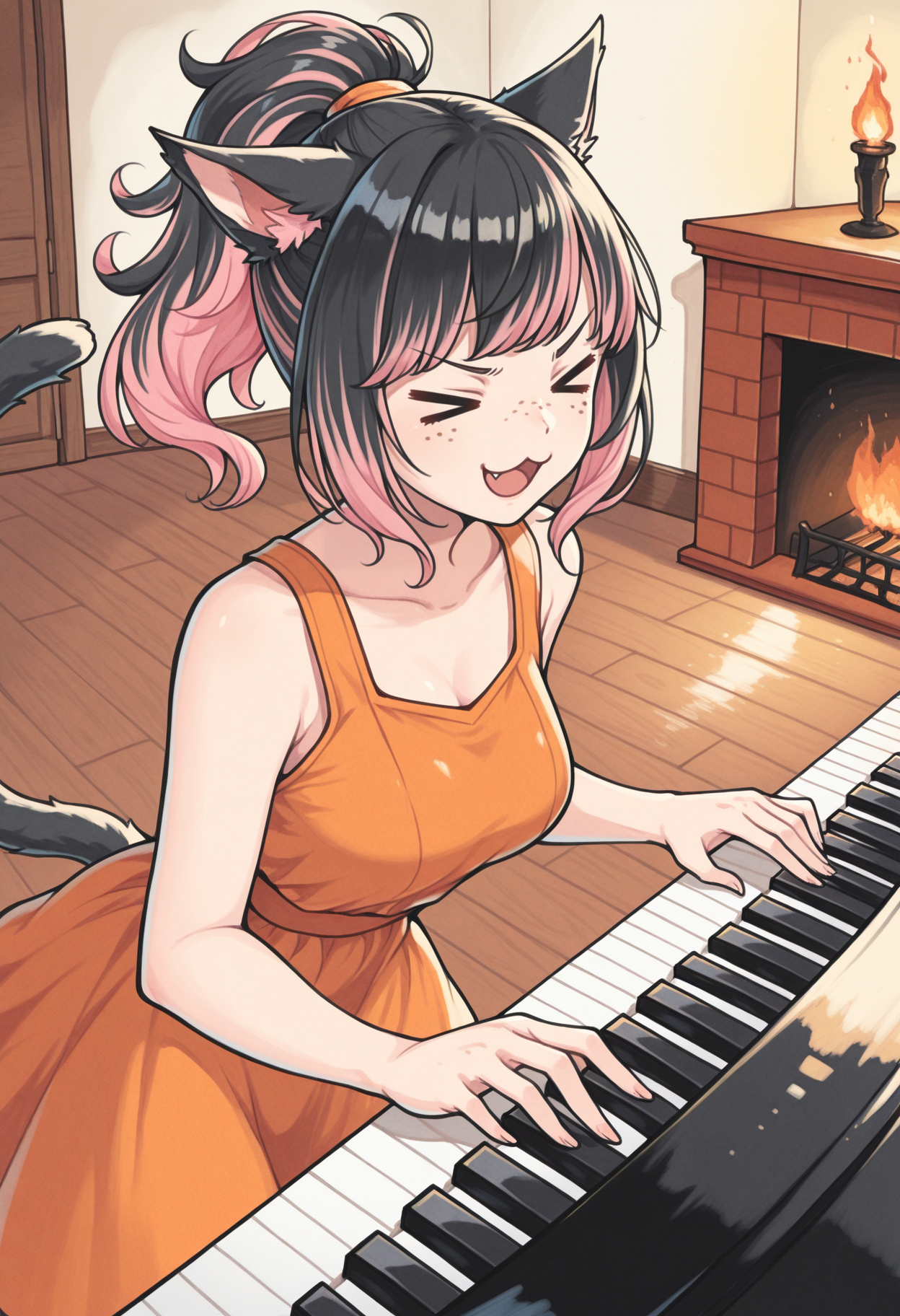 masterpiece, best quality, traditional media, watercolor /(medium/), 1girl, solo, <lora:clamchan_illu:1> animal ears, black hair, >.<, pink hair, multicolored hair, ponytail, slit pupils, freckles, cat tail, piano, playing piano, :3, =.=, orange dress, sleeveless, indoors, fireplace, open mouth