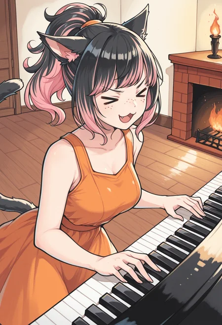 masterpiece, best quality, traditional media, watercolor /(medium/), 1girl, solo, <lora:clamchan_illu:1> animal ears, black hair, >.<, pink hair, multicolored hair, ponytail, slit pupils, freckles, cat tail, piano, playing piano, :3, =.=, orange dress, sleeveless, indoors, fireplace, open mouth