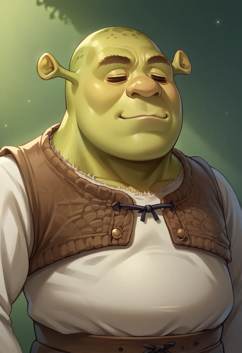 score_9, score_8_up, source_anime, 1boy, solo, =w=, :3, = =, eyes closed, shrek, green skin, <lora:ChamElfExpressionPonyXL:1.2>, <lora:Shrek_XLPD:0.8>