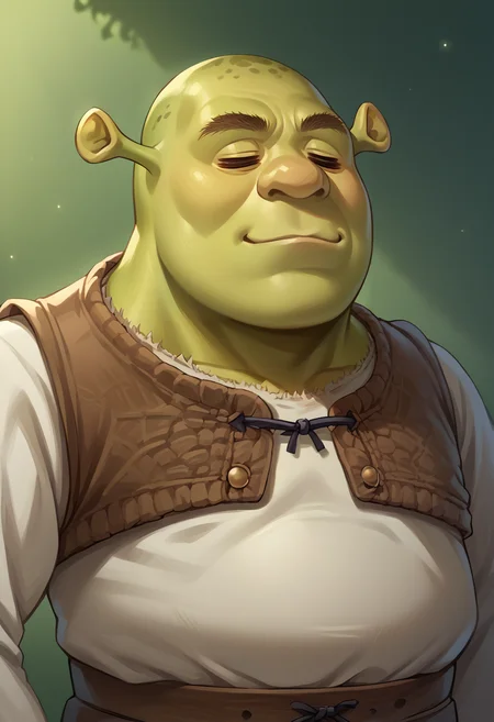 score_9, score_8_up, source_anime, 1boy, solo, =w=, :3, = =, eyes closed, shrek, green skin, <lora:ChamElfExpressionPonyXL:1.2>, <lora:Shrek_XLPD:0.8>