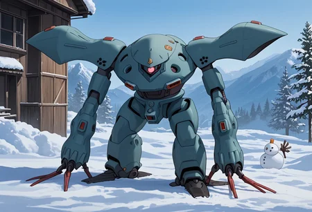 score_9, score_8_up, score_7_up, source_anime, front view, BREAK, ( hygogg, grey_hygogg_armor, grey hygogg, pink monoeye, looking at viewer, leaning forward, long arms, very long arms, long claws) 1mech, grey mech, wide mech, large shoulders, large shoulder armor, mech focus, solo, BREAK, in snow, making snowman, wearing knit cap, waving, arm raised, two arms, suburban neighborhood,