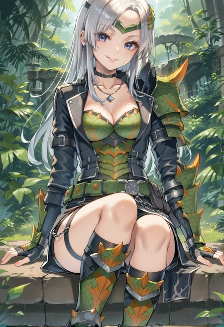 (score_9:0.9),score_8_up,score_7_up,rating_safe,anime style,(zPDXL),<lora:Espinas armor ponyXL v1.2:0.77>, 1girl, green gauntlets, solo, long hair, smile, cleavage, looking at viewer, grey hair, medium breasts, sitting, collarbone, espinas armor, green breast armor, black shorts, green totem skirt, green pauldron, green knee boots, green hair ornament, green belt