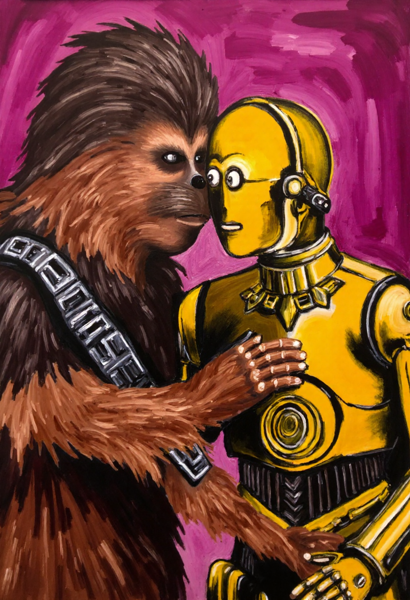 <lora:Thrift_Store_Paintings_FLUX:1>
The image is a vibrant, expressive painting on canvas depicting a scene of Chewbacca making out with C3PO