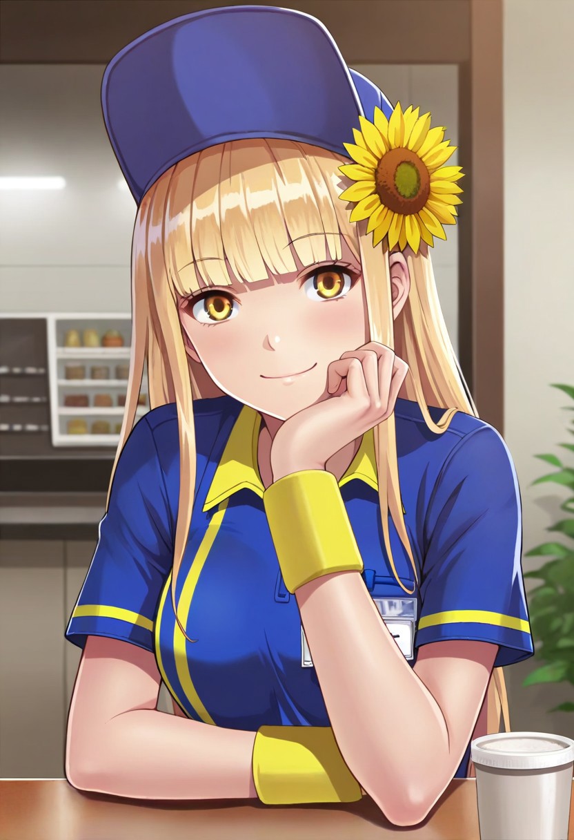 masterpiece,best quality,amazing quality, ruriko, long hair, blonde hair, yellow eyes, 1girl, hat, sunflower, flower, solo, hair flower, hair ornament, cup, smile, employee uniform, name tag, wristband, looking at viewer, blunt bangs