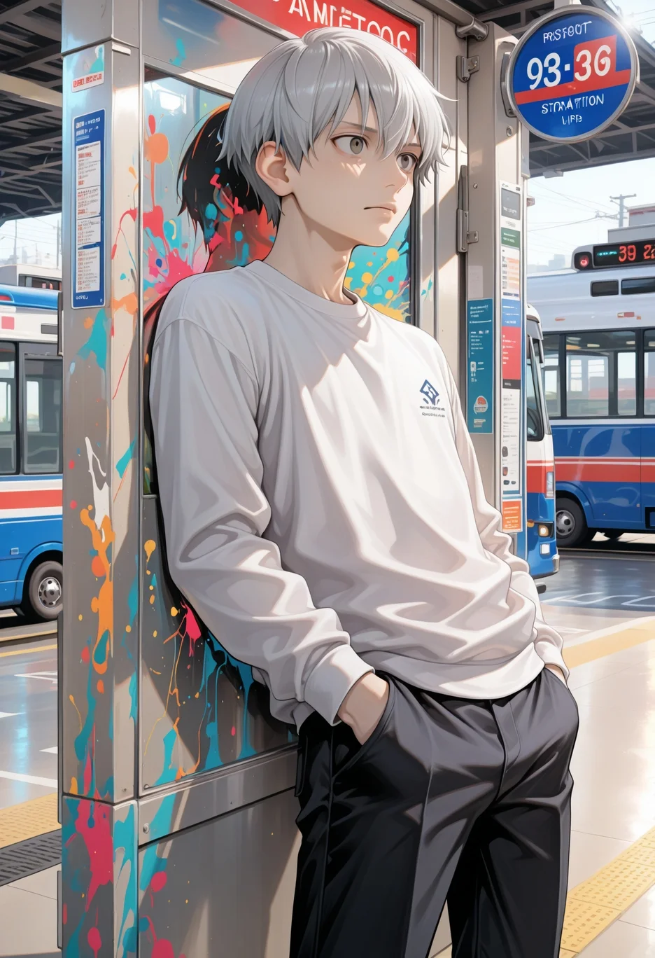 masterpiece, best quality, good quality, newest, highres, incredibly_absurdres, dramatic angle, Storytelling visuals, Figurative Art, (1boy:1.2) , short hair, Bus station in background, at Midday, deep focus, hyper detailed, (goma_ (yoku_yatta_hou_jane) :0.8) , (ilya_kuvshinov:0.3) , (kasumi_ (skchkko) :0.5) , Gray and Pink, drmatic angle, dynamic erotic pose, male focus, cowboy_shot, abstract_background, leaning back to the wall, both hands into pockets ( <lora:illu\enhance\Accelerater_ILL_PAseer.safetensors:1.0:1.0> <lora:add-detail-xl.safetensors:0.8:0.8> <lora:illu\enhance\ponyv6_noobV1_2_adamW-000017.safetensors:0.6:0.6> <lora:illu\style\HaruwosiILL.safetensors:0.6:0.6>