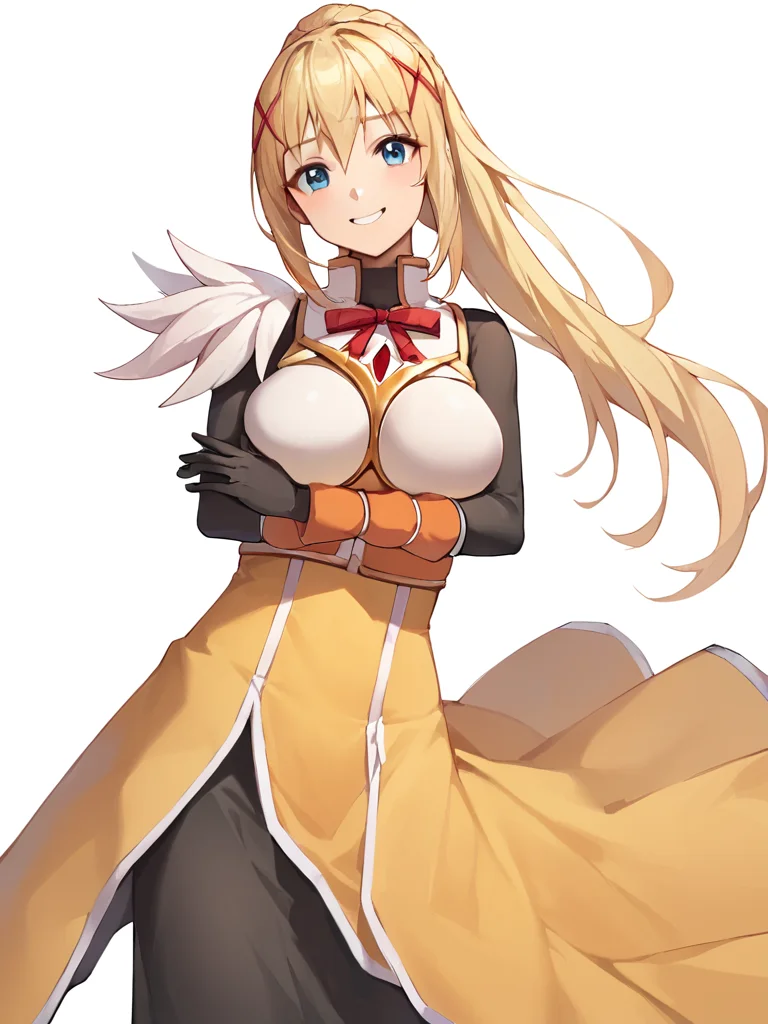 score_9,score_8_up,score_7_up, <lora:darkness_(konosuba):1>,pauldrons, looking_at_viewer, breasts_apart, smile, bad_pixiv_id, medium_breasts, white_background, standing, solo, faulds, neck_ribbon, breast_hold, simple_background, highres, bad_id, darkness_\(konosuba\), 1girl, black_gloves, yellow_dress, armored_dress