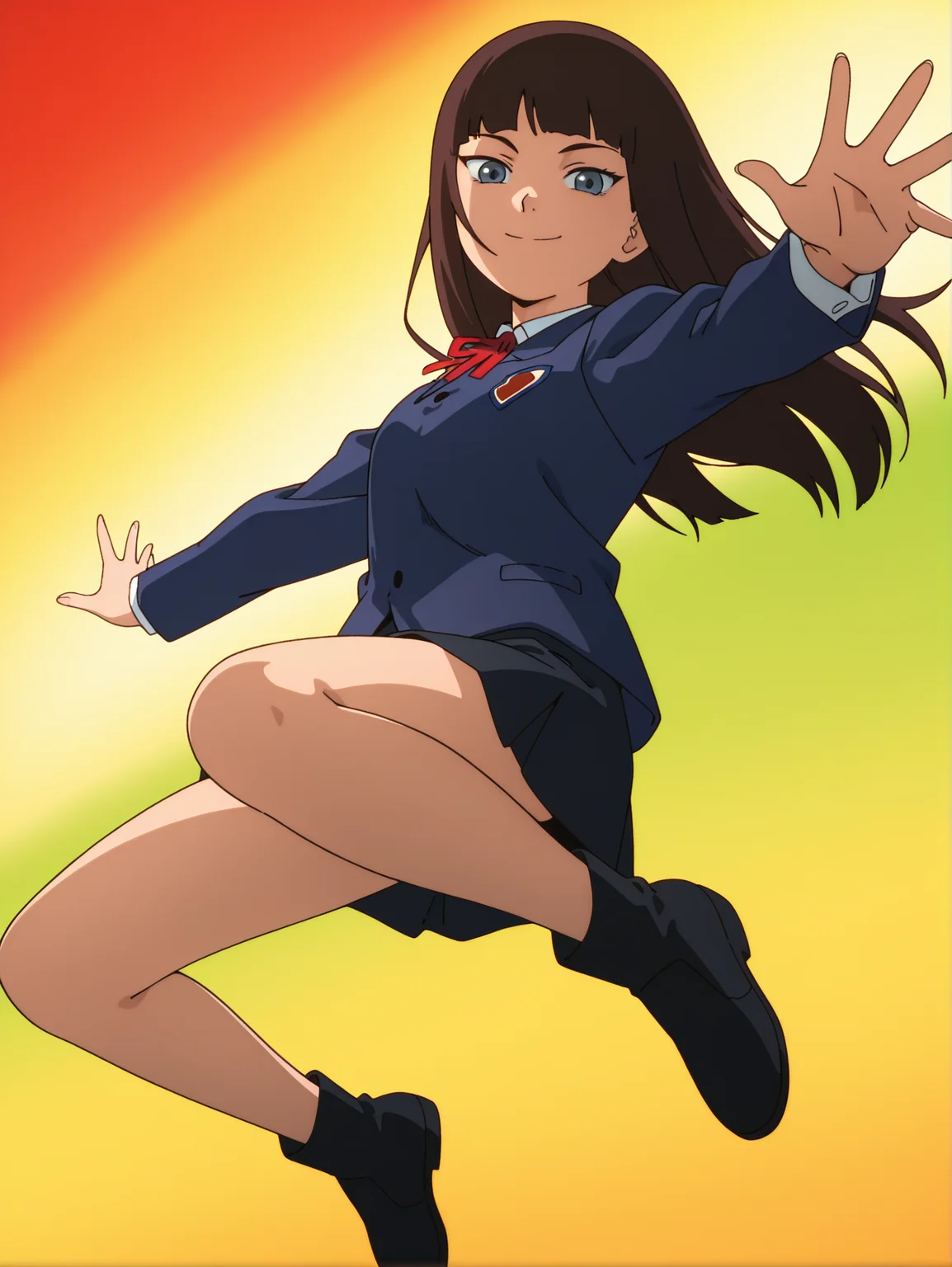 masterpiece, best quality, amazing quality, absurdres, newest, dynamic_angle, defined facial features, anime coloring, anime screencap,
<lora:Reika-Juri_IL1.1_v0:1>
yamamoto reika \(sel\), grey eyes, jumping, outstretched arms, looking at viewer, multicolored background, black footwear, smile, full body,
