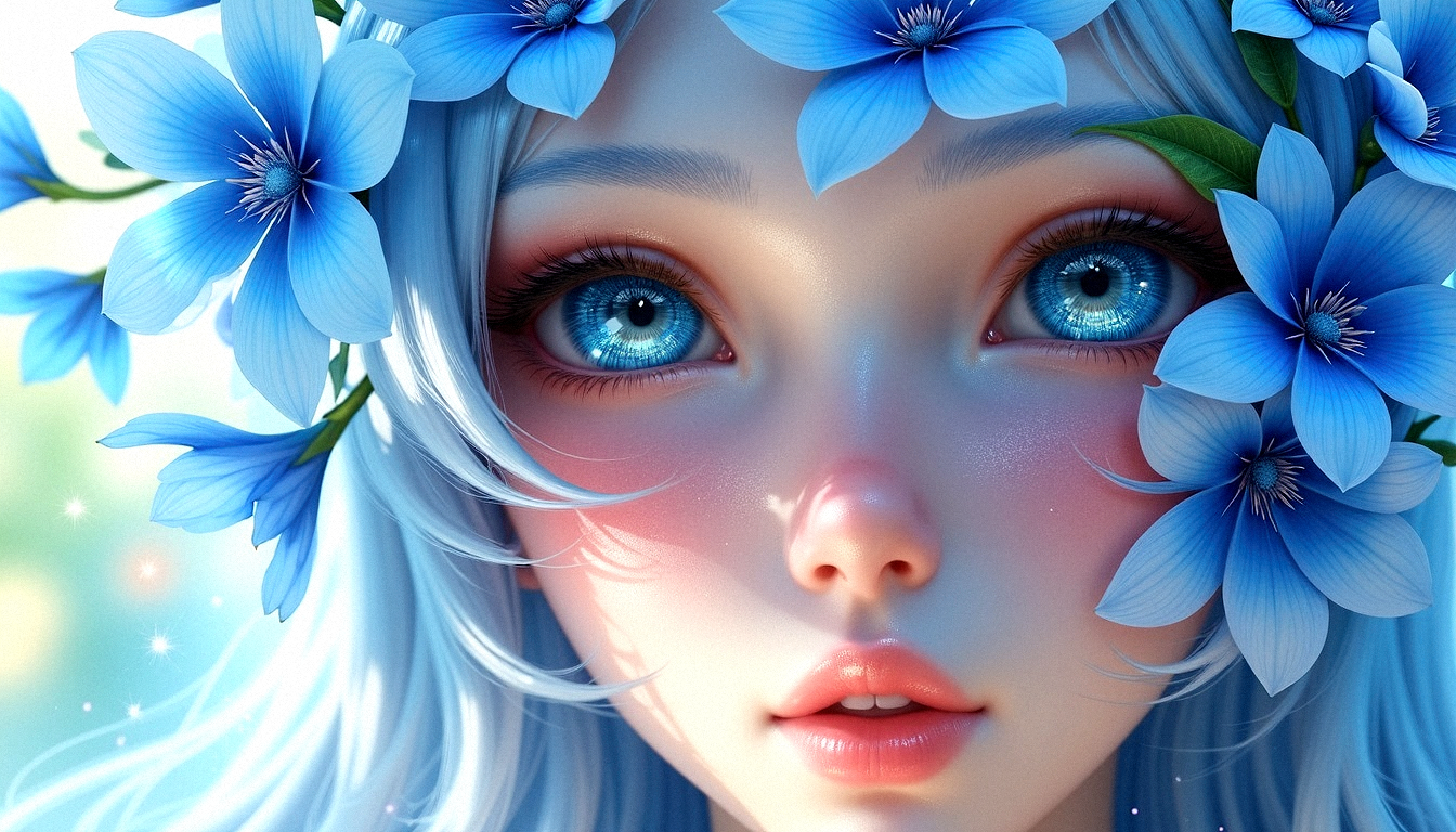 Create a 3d style digital art close-up of a beautiful woman whose face is partially adorned with a vivid array of blue flowers. Their features are delicately defined, with light hair that fades into soft pastel shades of blue and green, creating an ethereal atmosphere. One of their eyes, a strikingly vibrant blue, reflects intricate gemstone-like patterns, radiating an otherworldly glow. The flowers, blooming in shades of blue with hints of pink and white, seem to emerge organically from their skin, as if they are part of the character. The background remains minimal and light, allowing the focus to remain on the fusion of the character's delicate features with the surreal botanical elements. Emphasize the textures of both skin and petals, capturing the interplay of light and shadow for a detailed, dreamlike effect.

Visual Aesthetics to Enhance Photorealism:
Slight lens flare to suggest natural light.
Veined, realistic leaf textures.
High-resolution details on flower pollen.
Accurate depiction of skin’s micro-textures.

With a thoughtful gaze and head tilted back slightly, flowers cascading over the brow and temple.
