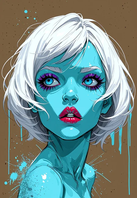 masterpiece, best quality, 1nkPnk, 1girl, solo, short hair, lips, makeup, blue eyes, white hair, lipstick, upper body, colored skin, parted lips, rough sketch, messy, comic art style, ink splatter