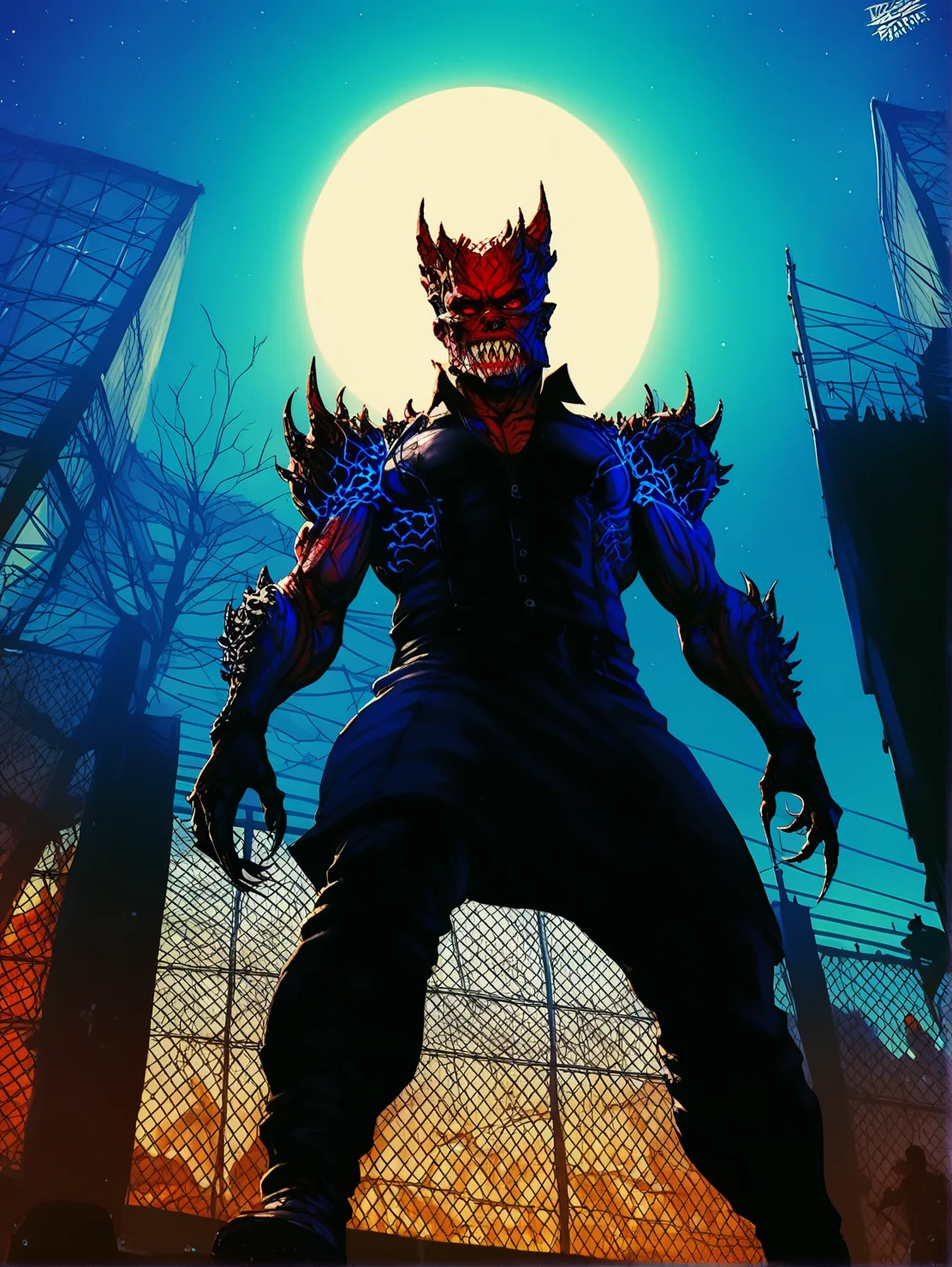 <lora:BladeDrakePonyv1:1>, score_9, score_8_up, score_7_up, high quality, best quality, hdr, uhd, 4k, masterpiece, bladedrakeponyv1, solo, spikes, 1boy, rough skin, horns, teeth, monster, sharp teeth, night, moon, high collared cloack, dark, standing, standing on a roof's edge, full body, full body black cloack, <lora:Sinozick_Style_XL_Pony:0.8> sinozick style, flat color, dark theme, low angle view, looking down, looking at viewer, ((low angle view)), far off shot <lora:backlighting:0.8> backlighting, silhouette, glowing red eyes