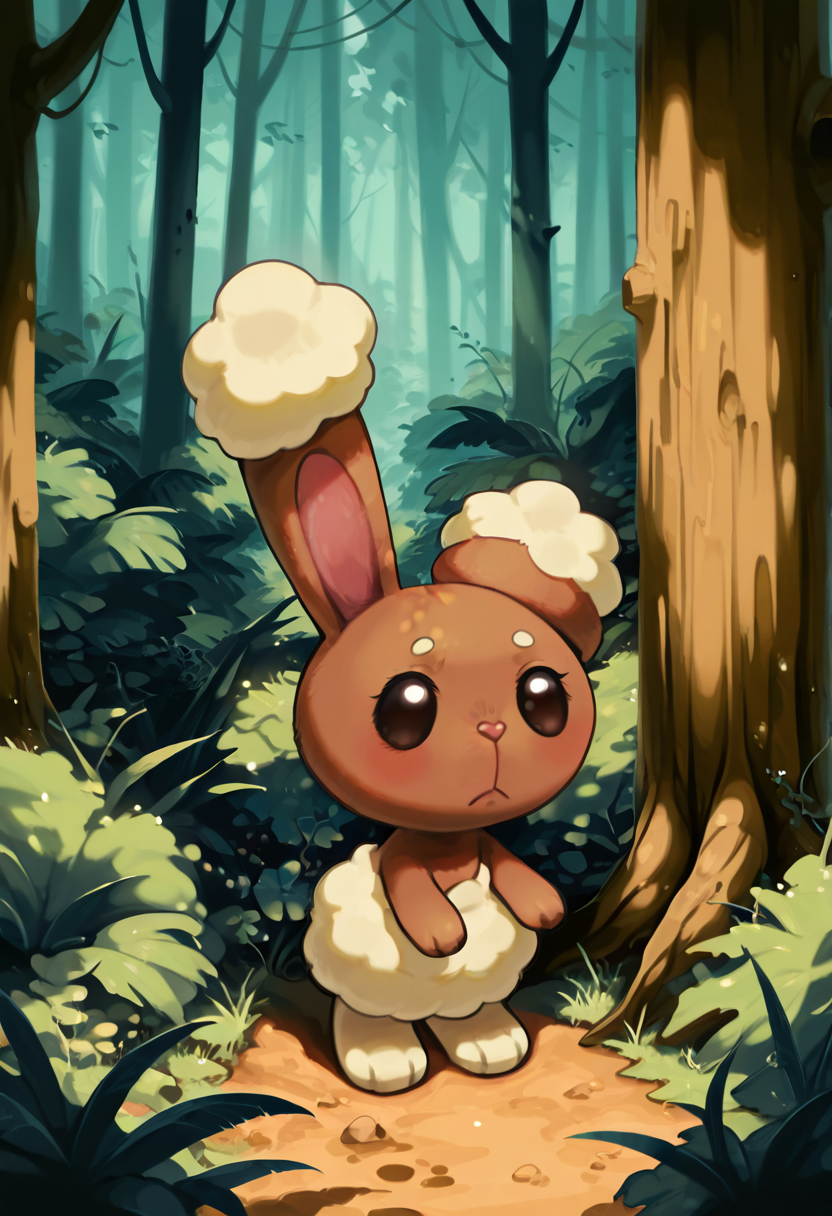 masterpiece, best quality, no humans,    zzBuneary, round eyes, soft fur, forest floor, mushrooms, tree roots, gentle lighting, cautious pose, hidden nook, curious expression â Nestled beside a cluster of toadstools and twisting tree roots, Buneary peeks out from a hidden forest nook. Dappled sunlight filters through the canopy above, glinting on her curious eyes as she tilts her head at a passing leaf. Her tiny nose twitches as she sniffs the air, surrounded by mossy logs and the quiet magic of the woods.  <lora:BunearyPokedex_IXL:1.0>,