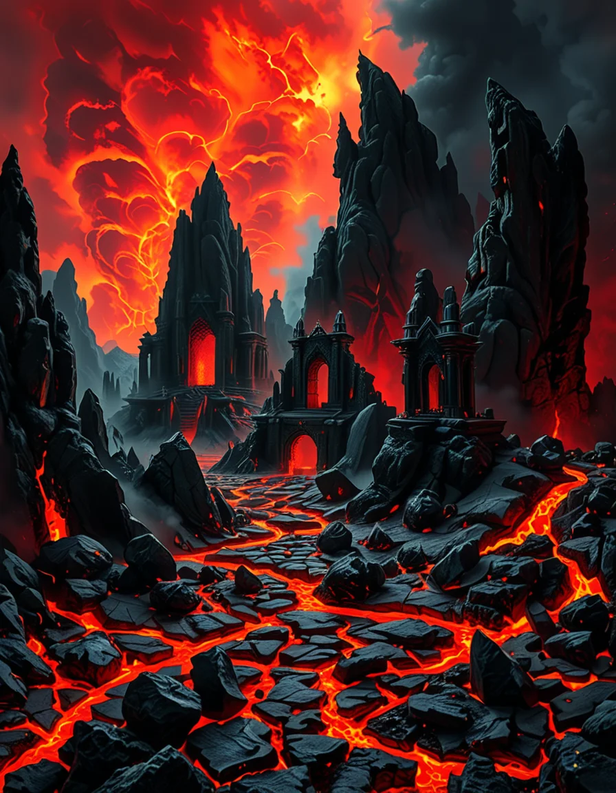 A terrifying and surreal depiction of the depths of Hell. The landscape is vast and nightmarish, filled with jagged obsidian cliffs, rivers of molten lava, and towering spires of blackened rock. The sky is a swirling vortex of crimson and black, illuminated by eerie, flickering flames. Chains dangle from massive, decaying arches, and tormented souls writhe in agony, their ghostly figures stretching toward the burning sky. Demonic creatures with twisted horns and glowing eyes lurk in the shadows, watching hungrily. The ground is cracked and scorched, exhaling thick plumes of sulfuric smoke. In the distance, a colossal, menacing throne made of skulls and bones looms over the infernal landscape, occupied by a shadowy, horned figure. The atmosphere is thick with despair, enhanced by a dramatic, chiaroscuro lighting effect that contrasts the deep shadows with the hellish glow of the flames. Hyper-realistic, highly detailed, dark fantasy style.
<lora:SDXLFaeTastic2400:0.4> <lora:extremely_detailed:0.4> extremely detailed,<lora:depths_of_h3ll:1>,depths of h3ll, Masterpiece,best quality,hi res,8k,hi res,8k,award winning,(sharp focus, intricate, highly detailed),