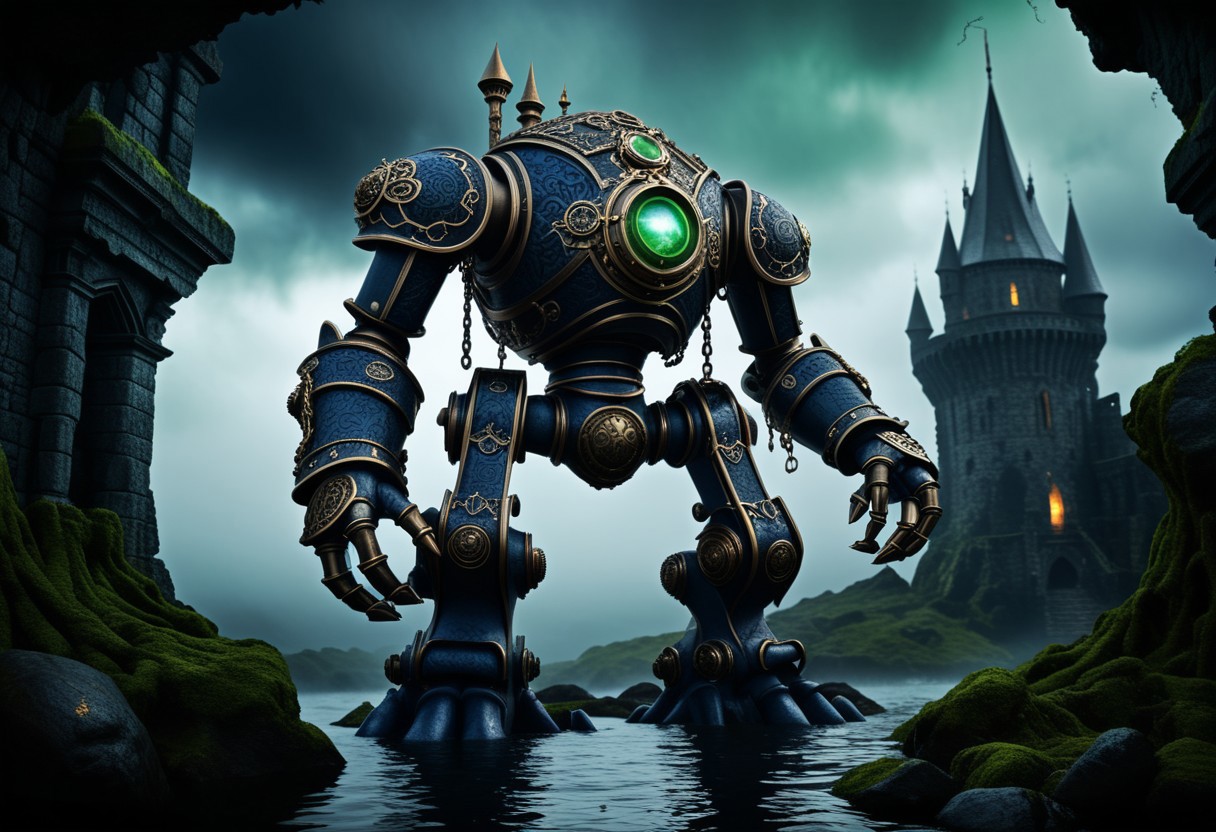 giant bipedal robot dirty dark blue and dark green, bronze paisley robot. lacy robot metal goggle head. outside of a steampunk keep. large detailed torso. dark image. one forty foot tall ancient robot with great arms and two heavy spring legs. dark foggy night background. $dark foggy night image only. dark photo realistic image. steampunk details. cogs, chains and pipes incorporated in the fantasy buildings. magic wizards tower in background. Dark swamp, moss, castle ruins, wizards tower. stormy dark night.  stormy sky.