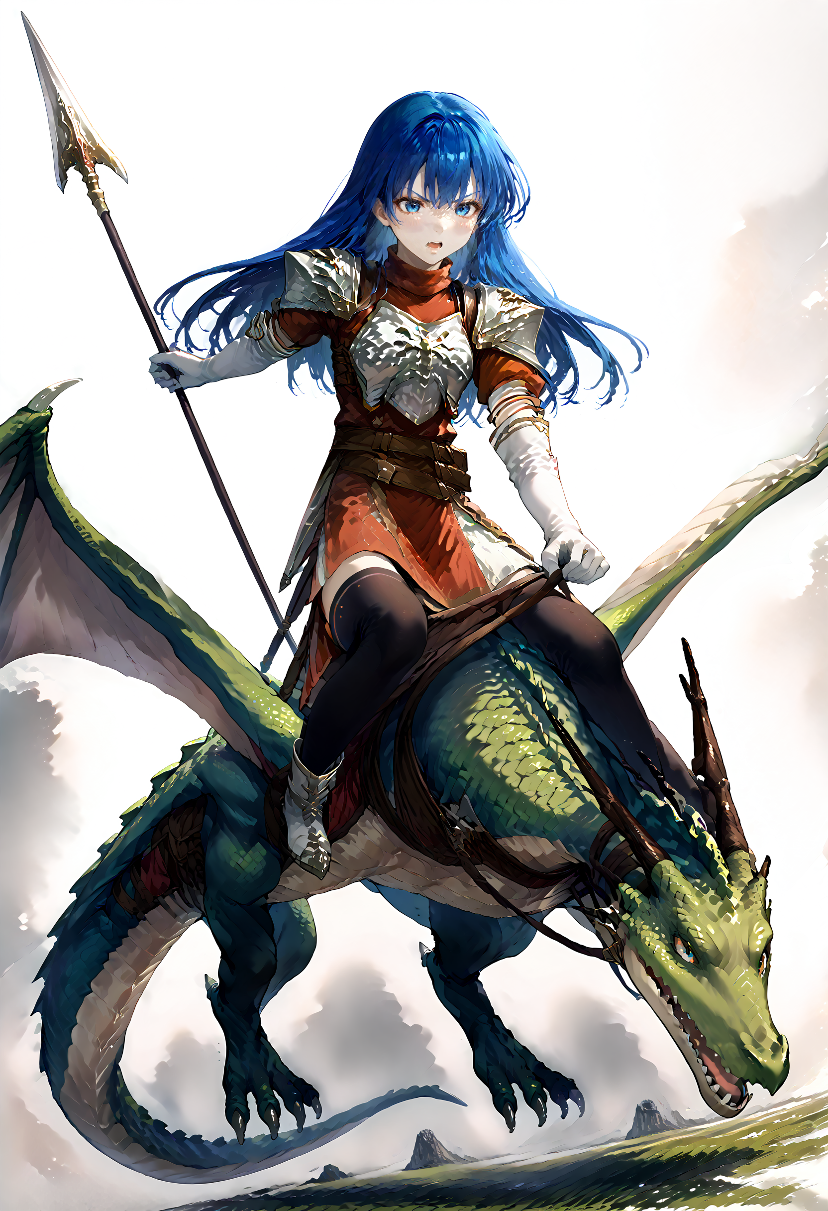 score_9,score_8_up,score_7_up,zPDXL3,unaestheticXL_3x3,field,sky,1girl,1other,close-up,<lora:Pony_DetailV2.0:1>,
BREAK wyvern rider,dragon wings,knight,green dragon,dragon riding,polearm,holding polearm,holding weapon,flying,<lora:wyvern rider-pony-v2:1>,fighting stance,v-shaped eyebrows,serious BREAK caedadef,blue eyes,blue hair,long hair,bangs,turtleneck,red shirt,shoulder armor,pauldrons,breastplate,multiple belts,brown belt,white gloves,elbow gloves,red skirt,black thighhighs,white boots,<lora:caeda-fe-richy-v1_pdxl:1>,shouting,glaring,
