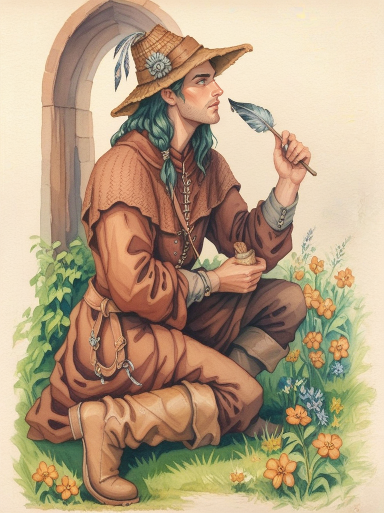score_9, score_8_up, score_7_up, oblivionarts, solo, 1boy, male focus, boots, flower, foraging, kneeling, simple background, feather hat, traditional art, medieval, <lora:Oblivion:1>
