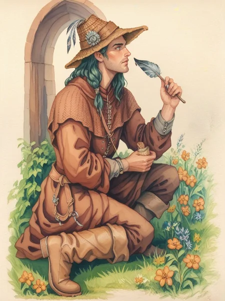 score_9, score_8_up, score_7_up, oblivionarts, solo, 1boy, male focus, boots, flower, foraging, kneeling, simple background, feather hat, traditional art, medieval, <lora:Oblivion:1>