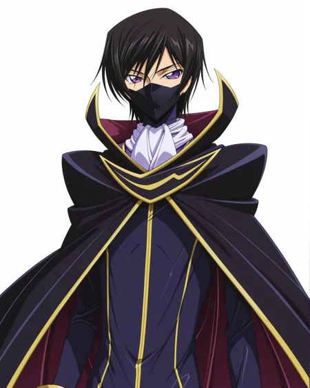 anime coloring,anime screencap,
highres,best quality,masterpiece,
shiny skin,
BREAK
<lora:transparent-background-illustriousxl-lora-nochekaiser:1>,transparent background,simple background,white background,
BREAK
<lora:Lelouch_vi_Britannia_Zero_Code_Geass:1>,
LeluBritish,LelZero,
1boy,solo,male focus,purple eyes,black hair,
long sleeves,gloves,black gloves,cape,uniform,bodysuit,black cape,ascot,mask,mouth mask,
standing,upper_body,