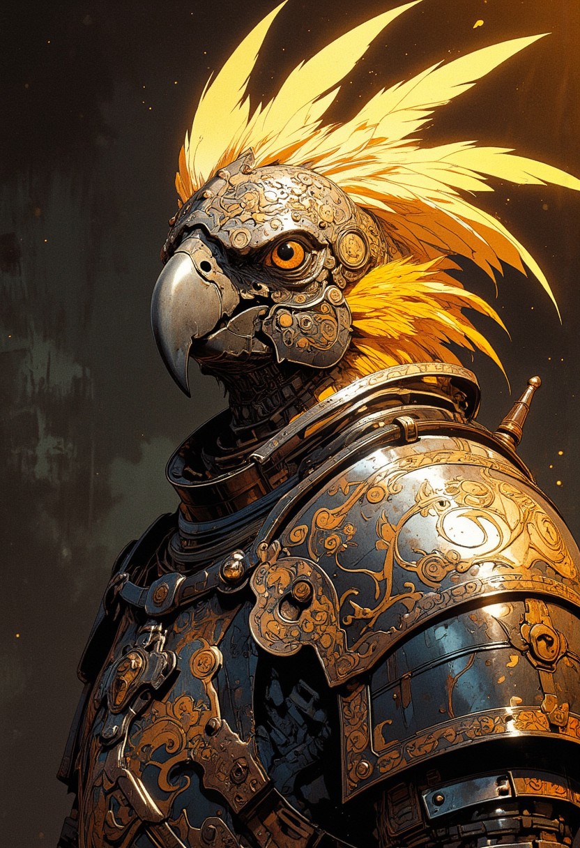 A majestic (parrot knight) rendered in a striking (portrait), adorned in (finely detailed armor) with an (intricate design) that merges the elegance of (gleaming black steel) with accents of (radiant gold filigree). The knight's helm, styled to evoke avian grace, features a (subtle plume of golden silk) flowing delicately against the dark background.  
The parrot's (vibrant feathers) shimmer with touches of (bronze and obsidian), perfectly complementing the intricate armor. The pose exudes regality, with the knight gazing forward, its (sharp, intelligent eyes) reflecting a fierce, noble spirit. The lighting is both (cinematic and dramatic), casting a (warm golden glow) across the armor and feathers, while shadowy contrasts highlight the intricate details of the (silk textures) and (ornamental engravings).  
The background is a (muted gradient of deep black and glowing amber), emphasizing the figure's grandeur while maintaining a focused, heroic ambiance. This composition radiates an air of (chivalry and mystery), blending the (ethereal beauty of golden light) with the (timeless strength of armor), resulting in a (masterpiece of surreal portraiture).