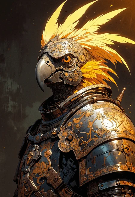 A majestic (parrot knight) rendered in a striking (portrait), adorned in (finely detailed armor) with an (intricate design) that merges the elegance of (gleaming black steel) with accents of (radiant gold filigree). The knight's helm, styled to evoke avian grace, features a (subtle plume of golden silk) flowing delicately against the dark background.  
The parrot's (vibrant feathers) shimmer with touches of (bronze and obsidian), perfectly complementing the intricate armor. The pose exudes regality, with the knight gazing forward, its (sharp, intelligent eyes) reflecting a fierce, noble spirit. The lighting is both (cinematic and dramatic), casting a (warm golden glow) across the armor and feathers, while shadowy contrasts highlight the intricate details of the (silk textures) and (ornamental engravings).  
The background is a (muted gradient of deep black and glowing amber), emphasizing the figure's grandeur while maintaining a focused, heroic ambiance. This composition radiates an air of (chivalry and mystery), blending the (ethereal beauty of golden light) with the (timeless strength of armor), resulting in a (masterpiece of surreal portraiture).