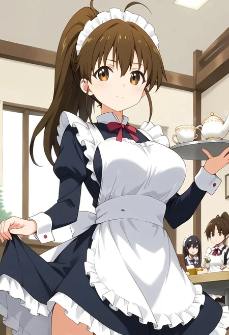 score_9, score_8_up, score_7_up, score_6_up, score_5_up, score_4_up, epic-Ultra-HD-details, epic-Ultra-HD-highlights, 2.5D-upscaled-resolution, source_anime, digital-quality, semi-realism, physically-realistic, lit, cutesie,
afrobullstyle, 
BREAK source_anime, anime, best quality, masterpiece, rating_safe, uncensored, High quality, 8k, Ultra, 
BREAK (Restaurant, indoors),
BREAK  1girl, taneshima popura,ponytail,brown hair,ahoge,
maid, maid apron, maid headdress,long sleeves,tea,cup,tray,skirt lift,
BREAK ((cowboy shot)),(standing),(from below),(((from front))),
busty breasts,(large breasts:1.2), 
looking at viewer,hand in own hip,Blush, embarrassed,