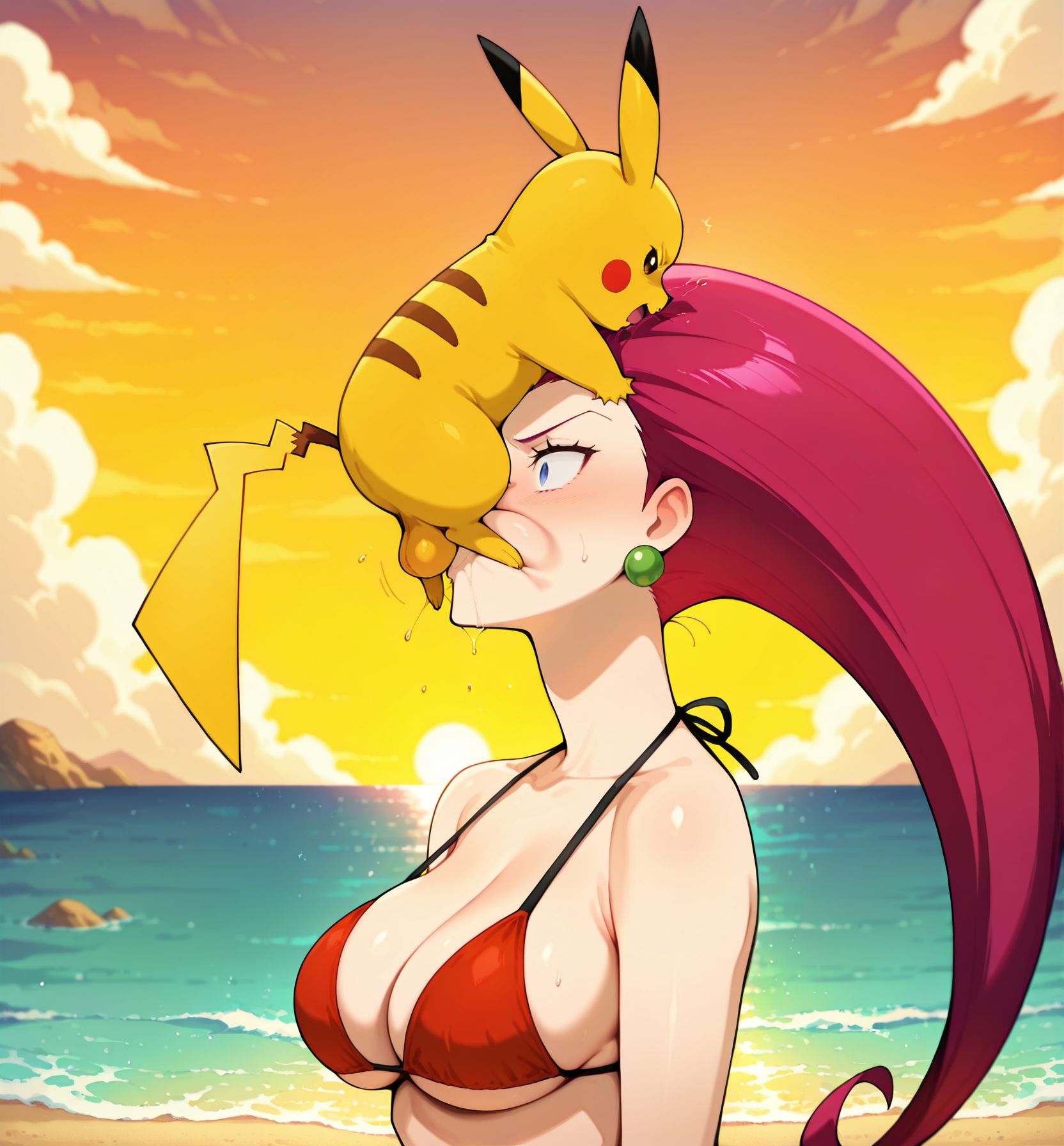 masterpiece, best quality, newest, absurdres, highres, detailed eyes, beautiful, detailed background, perfect eyes, anime coloring, anime screencap,
<lora:Small_Dom_Big_Sub:1>SDBS_V1, 
1girl,hetero,
1monster nude,head grab,
(face humping), Hold head,
 standing, bikini, 
ocean, 
pokemon,pikachu, pokemon penis, 
jessie \(pokemon\),