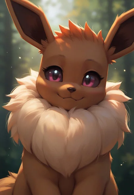 masterpiece,best quality, highly detailed, score_9, score_8_up, score_7_up, score_6_up, score_5_up, score_4_up, Eevee, Pokemon, solo, Cute, in the forest in the morning