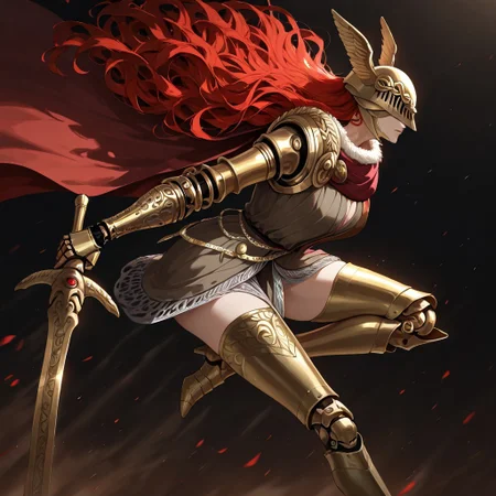 masterpiece, best quality, newest, absurdres, highres, DPWSV1.0, dynamic pose, holding sword, holding, holding weapon, weapon, sword,
1girl, malenia blade of miquella, floating hair, red hair, long hair, prosthetic leg, armor, gold armor, winged helmet, armor, red cape, prosthetic arm, single mechanical arm,