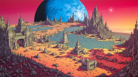 "The image depicts a fantastical scene set against a vibrant sky." <lora:metal_hurlant_v1:1>