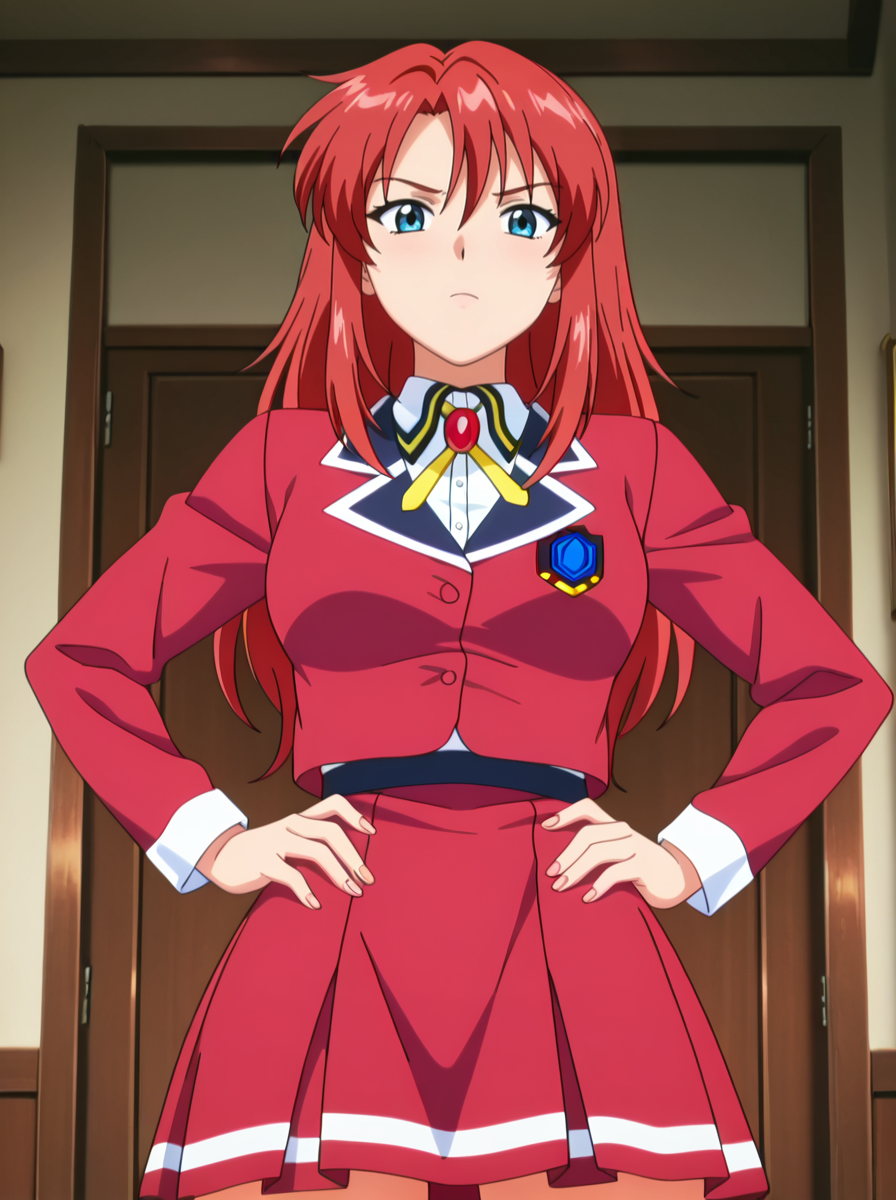 masterpiece, best quality, amazing quality, very aesthetic, absurdres, newest,shiny skin  anime screenshot,  anime coloring, looking at viewer,    <lora:AfterClassLesson:1>1girl, solo,redhairgirlnaked , red_hair school uniform,  ,  hands on own hips,