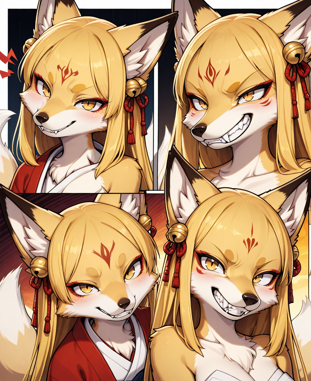 kitsune, anger, grin, fangs, <lora:se_kitsune:0.9>