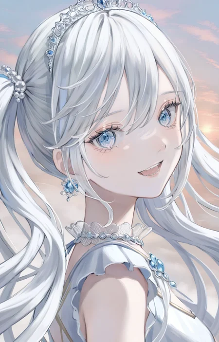 <lora:poireXLlokr4f:0.8>,masterpiece,best quality,blank background,1girl,long hair,dress,blue eyes,smile,open mouth,solo,hair ornament,sky,teeth,tiara,(close-up:1.5),(dusk:1.2),white hair,very long hair,(double ponytail hairstyle:1.2),(looking at viewer:1.1),side face,