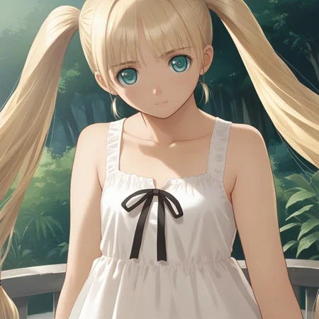 hortensia,score_9,score_8_up,score_7_up,source_anime,best_quality,masterpiece,super_fine_illustration,8k,1girl,adorable_girl,very_long_hair, blonde hair, ((straight twin tails)), (((twin tails hair))), (((flat chest:0.2))), (neutral expression), ((extended arm to viewer)), countryside, (((long white sundress))), upper body