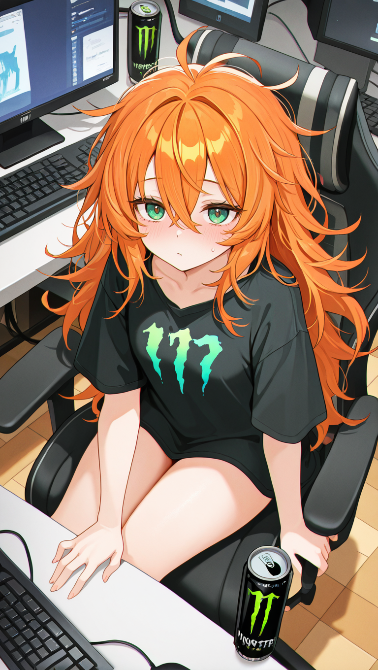 1girl, black shirt, blush, computer, green eyes, hair between eyes, keyboard \(computer\), long hair, messy hair, monster energy, mouse \(computer\), orange hair, shirt, sitting, solo <lora:DuskShade:1>