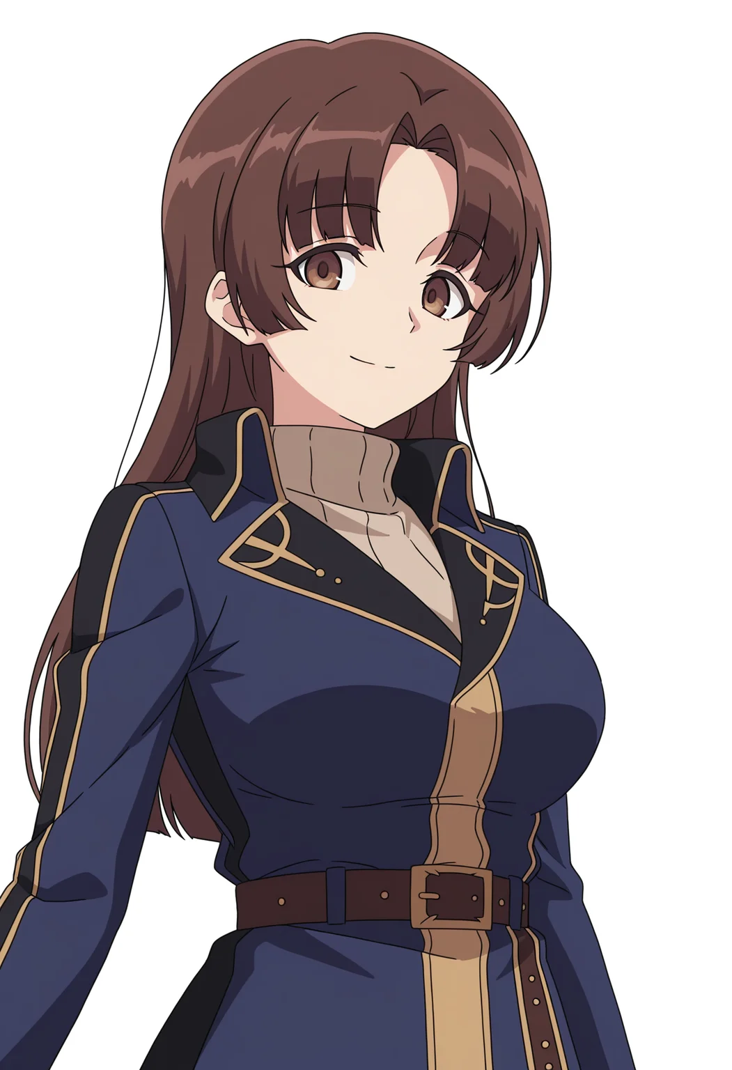 <lora:Kaina Noss_illustrious-000040:1>,
TX_KL,1girl,solo,long hair,brown eyes,smile,skirt,belt,white background,simple background,jacket,breasts,sweater,looking at viewer,blue jacket,long sleeves,turtleneck,blue skirt,closed mouth,turtleneck sweater,large breasts