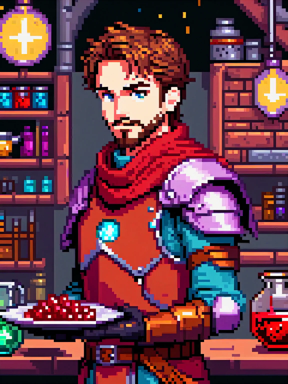 pixel art of young handsome man with brown hair and beard, an artificer wearing a red scarf and plate armor, gadgets, inventions, magic laboratory,   from Dungeons & Dragons (tony stark:0.8)
