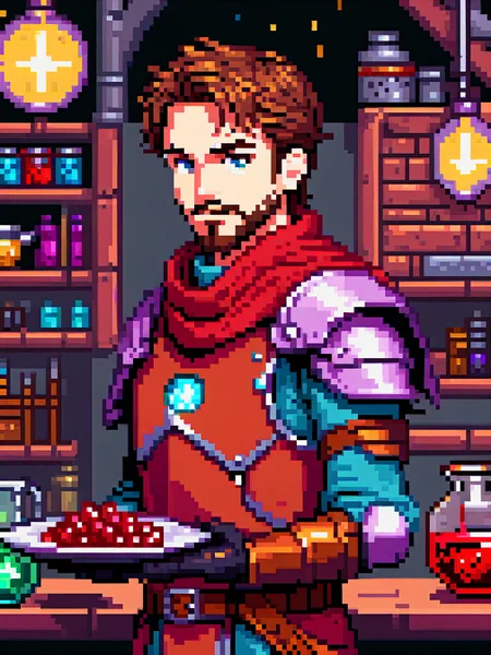 pixel art of young handsome man with brown hair and beard, an artificer wearing a red scarf and plate armor, gadgets, inventions, magic laboratory, from Dungeons & Dragons (tony stark:0.8)