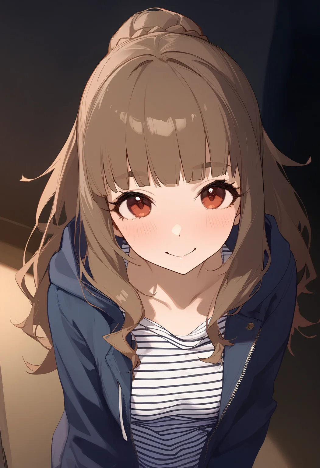 1girl,blush,collarbone,kamiya nao,looking at viewer,solo,blue jacket,long sleeves,open jacket,striped clothes,striped shirt,upper body,closed mouth,smile,hood down,hooded jacket,open mouth,<lora:a31_char_new_kamiya_nao-000026:1>masterpiece, best quality, absurdres<lora:a31_style_koni-000010:0.8>
